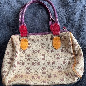 Multicolor Heart Pattern Satchel Tote - Beige, Brown, Purple Accents